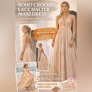 Bohemian Crochet-Trim Maxi Dress in Beige